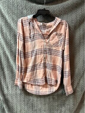 Mudd Pink and Gray Plaid Button-Up Hooded Shirt